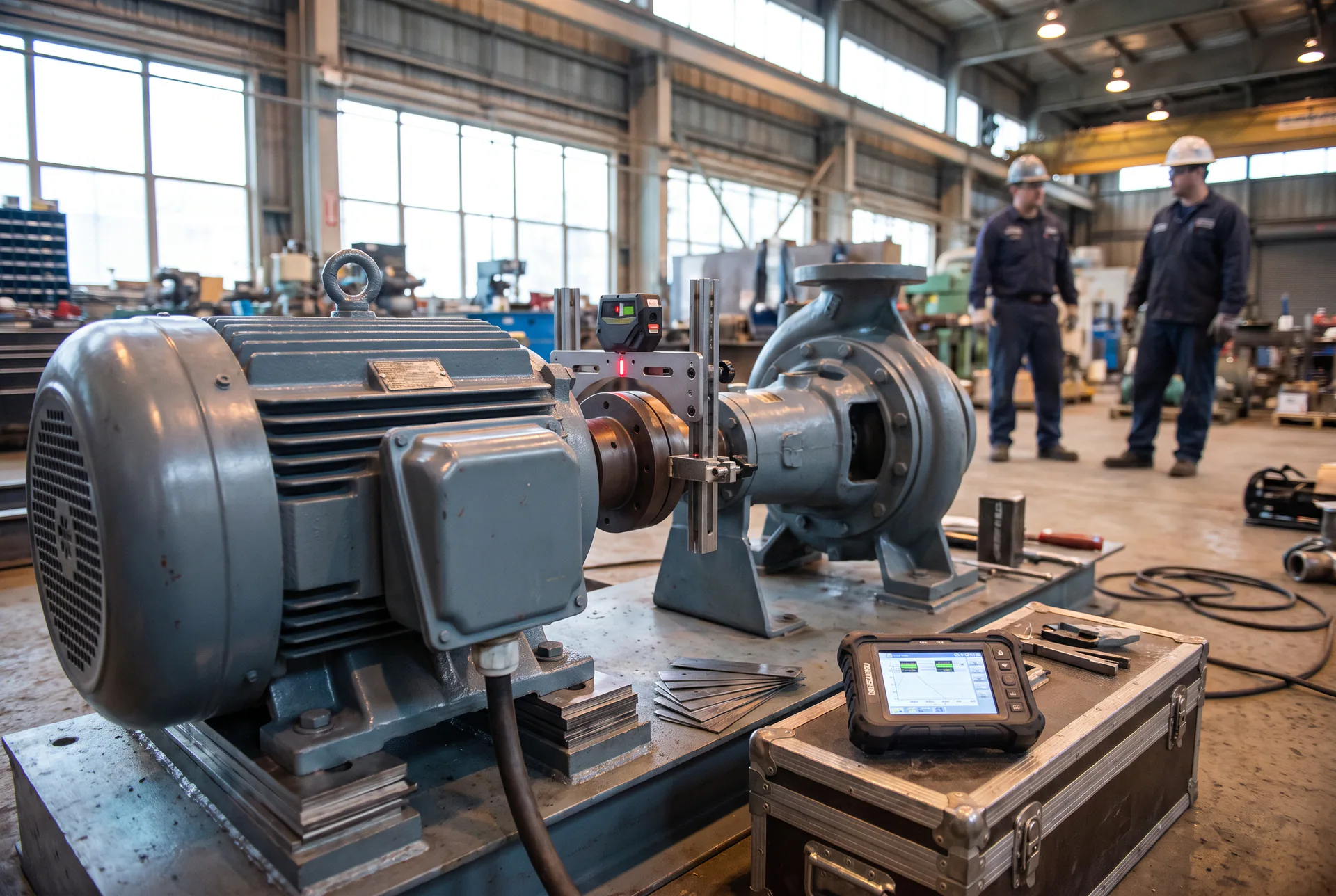 Generic laser shaft alignment on a motor and pump set: sensor mounted on the coupling, shims and a handheld readout, with no identifiable client or facility.