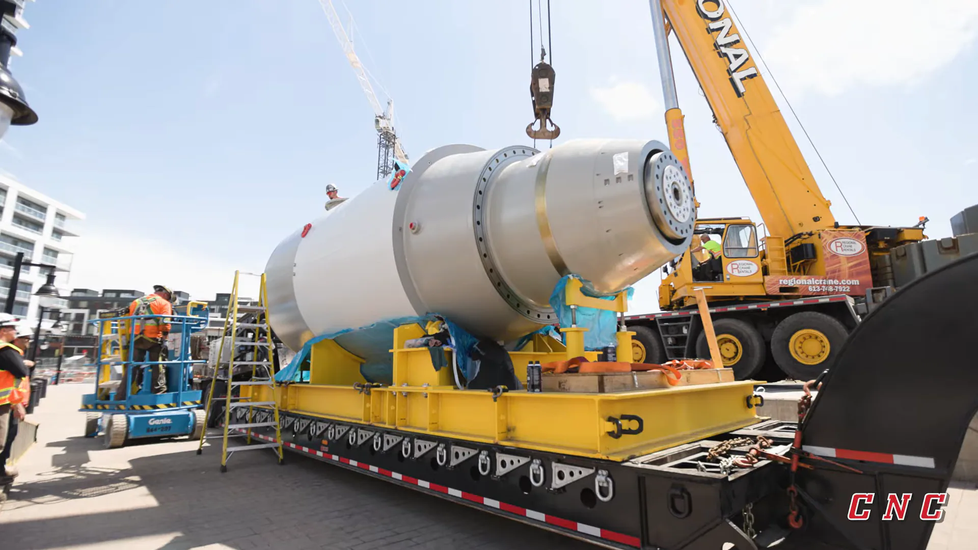 7.5 MW bulb turbine on its trailer with the crane hook attached, at the Chaudière Falls station.