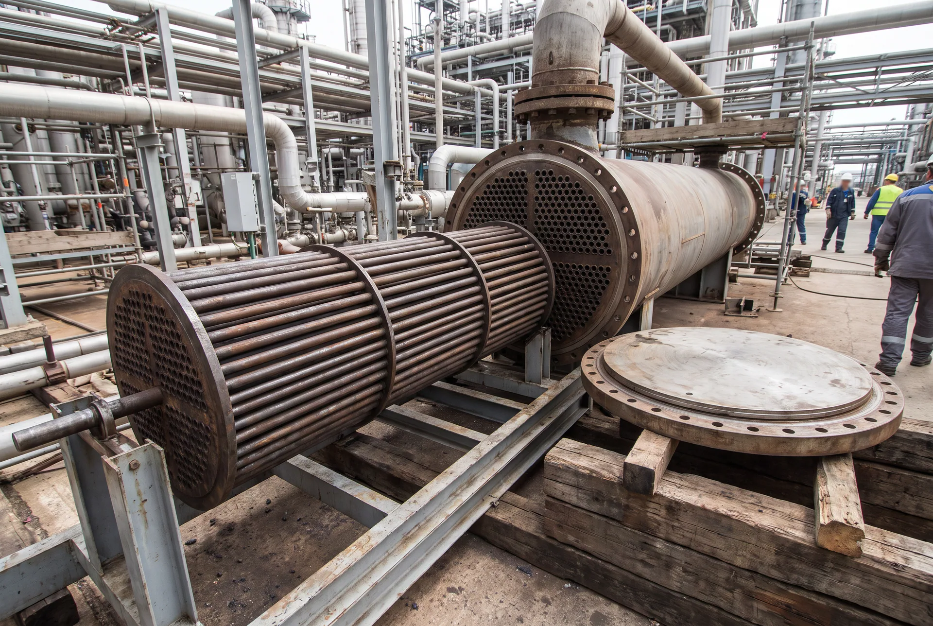 Generic heat exchanger maintenance: the tube bundle withdrawn from its shell on an extraction frame, with the tube sheet and channel cover set aside, and no identifiable client or facility.