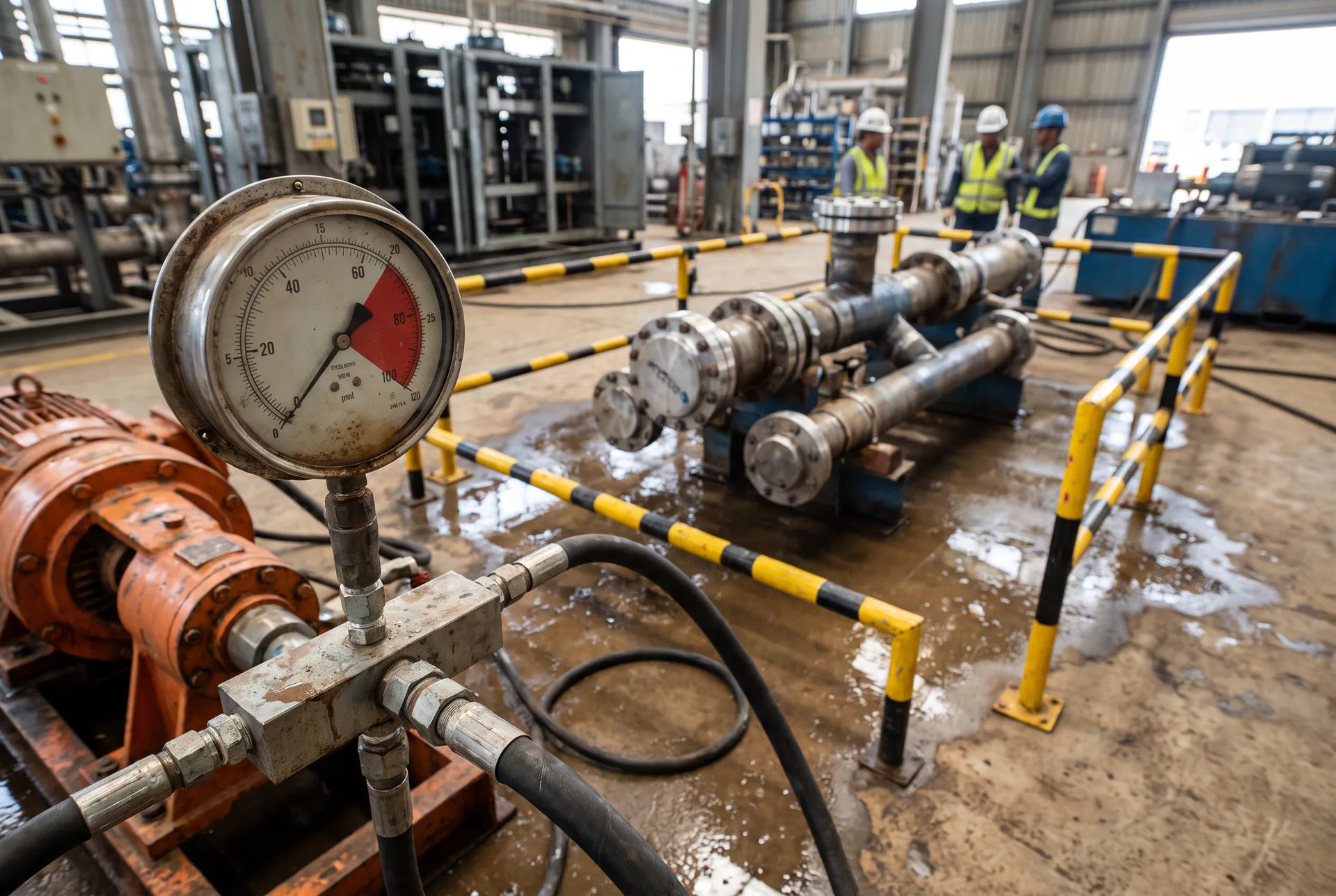 Generic hydrostatic test on an industrial piping spool: pressure gauge, test pump and safety perimeter, with no identifiable client or facility.