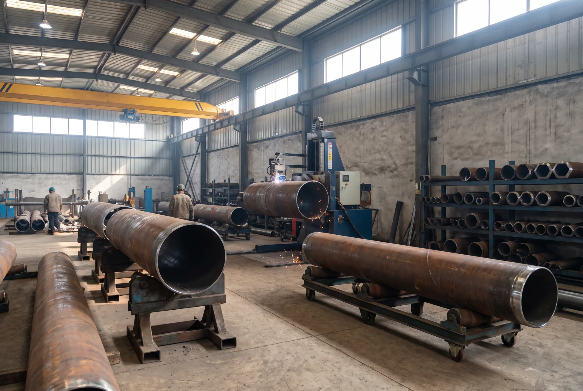 Generic industrial pipe fabrication shop: steel spools on roller stands, a welding station and a tube rack, with no identifiable client or facility.