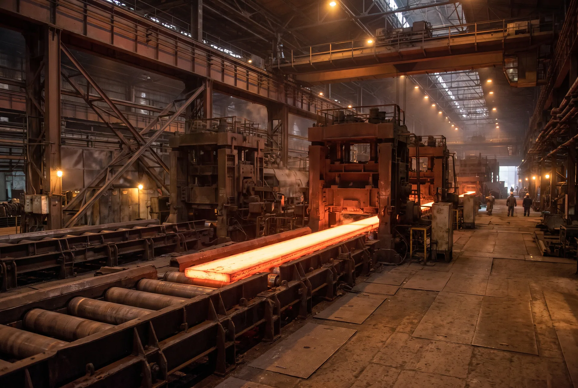 Generic hot rolling scene in a steel mill: a glowing steel slab on a roller table beneath mill stands, with no identifiable client or facility.