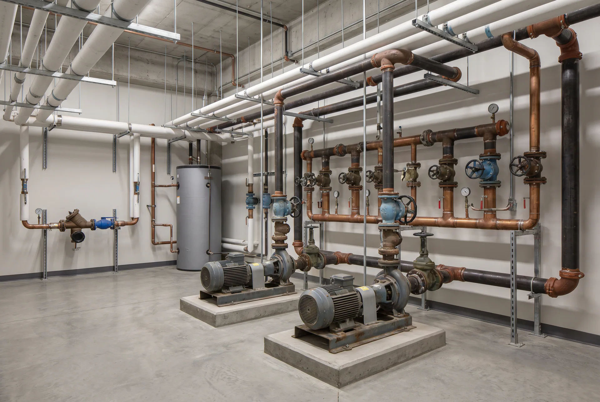 Generic commercial mechanical room: copper headers, isolation valves, circulation pumps and a hot-water storage tank, with no identifiable client or facility.