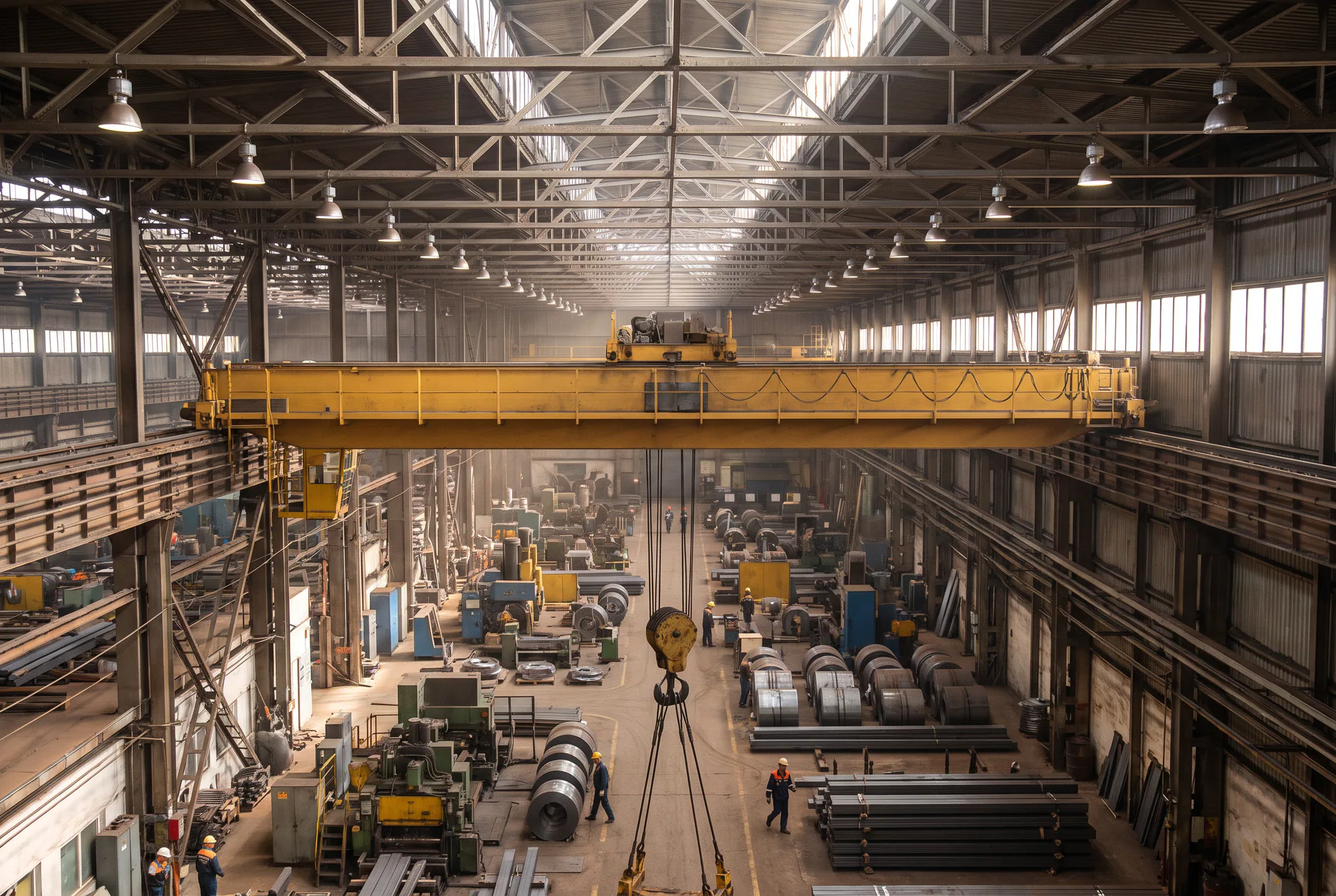 Generic double-girder overhead bridge crane on its runway rails above a production hall, with no identifiable client or facility.