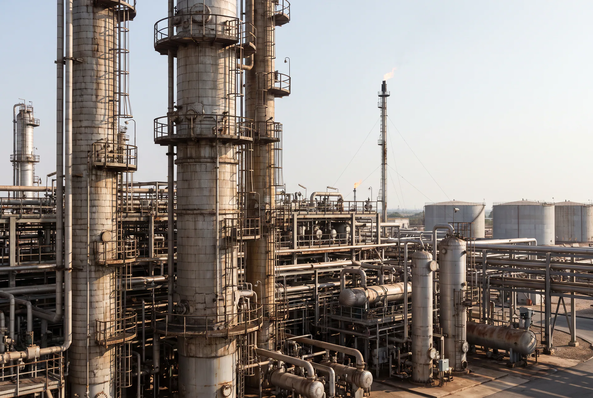 Generic refinery scene: insulated distillation columns, pipe racks and storage tanks, with no identifiable client or facility.