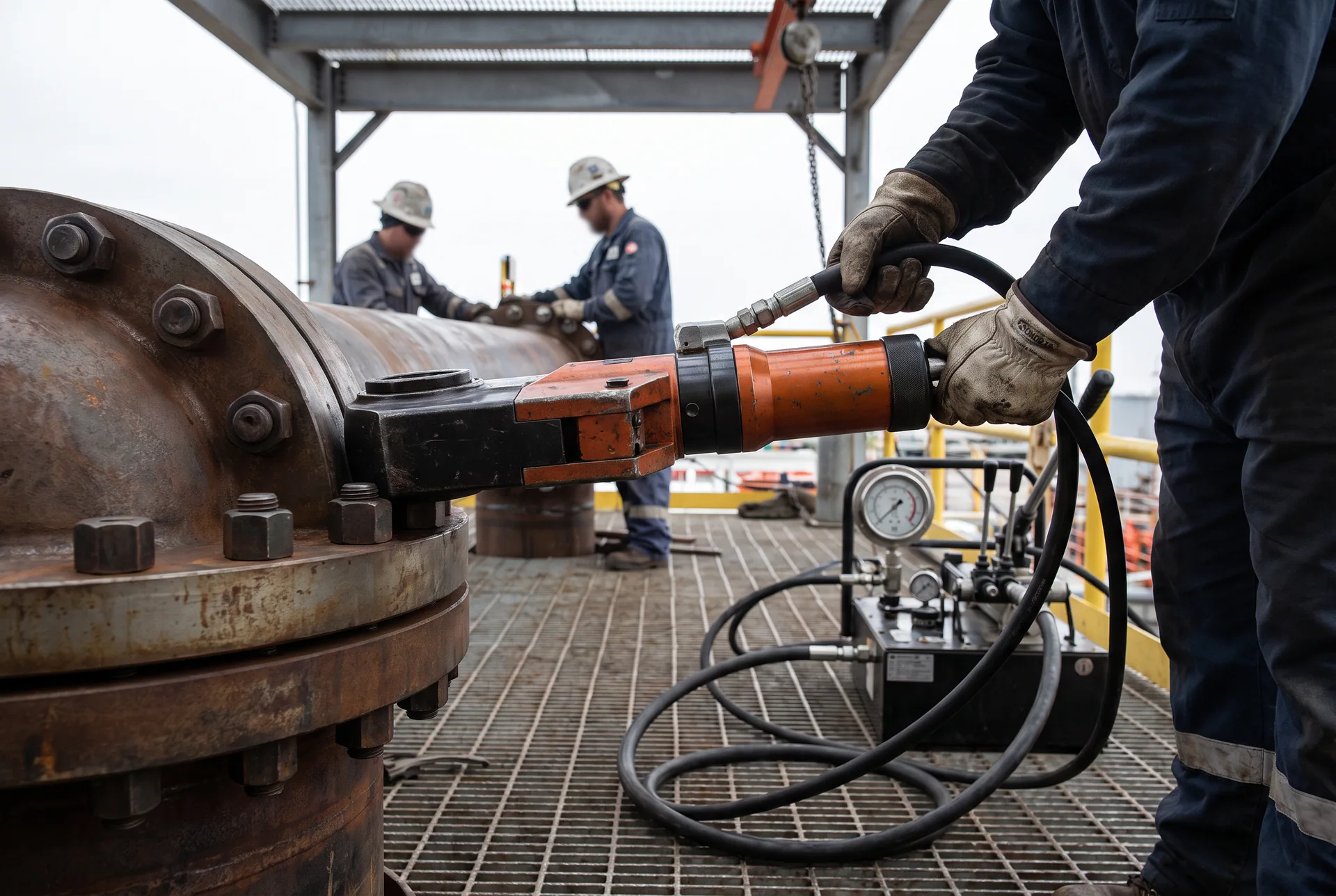 Generic controlled bolting: a hydraulic torque wrench seated on the nuts of an industrial flange, with hoses and a gauged pump unit, and no identifiable client or facility.